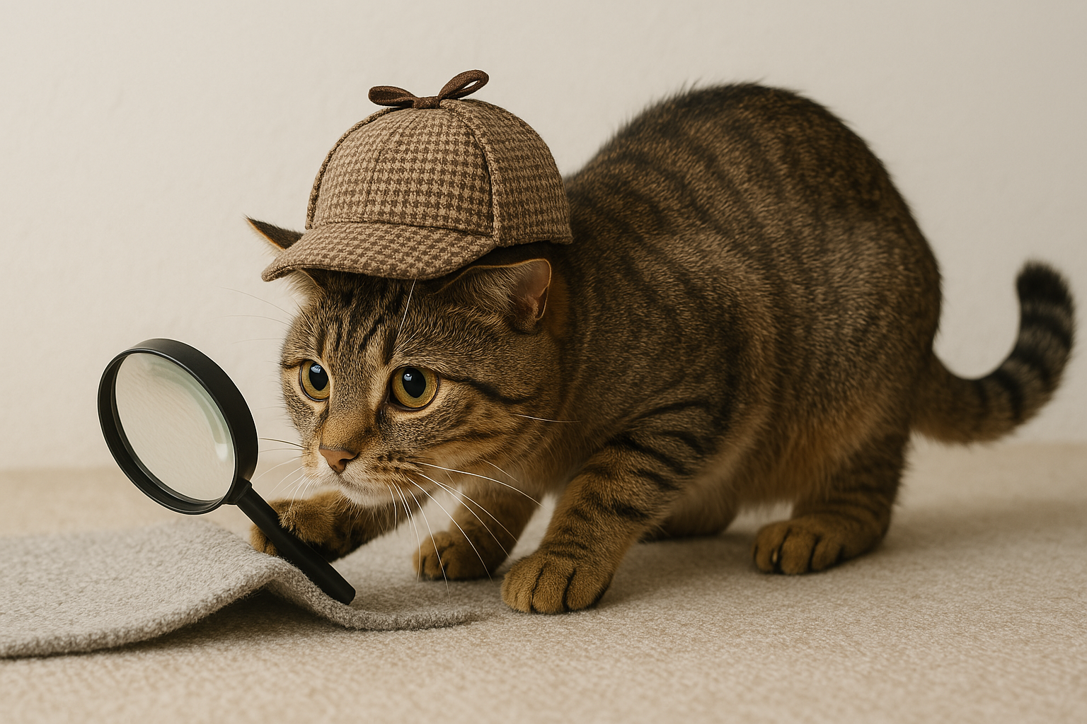 Detective cat looking under a carpet